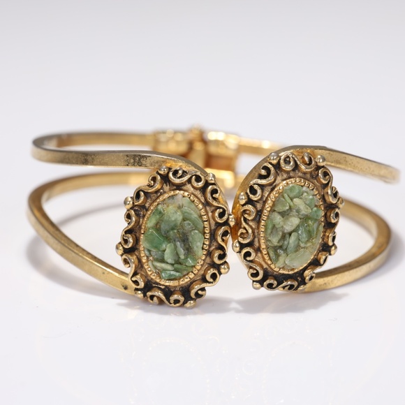 Vintage Jade Flower Gold Tone Clamper Cuff Bracelet - Picture 6 of 6